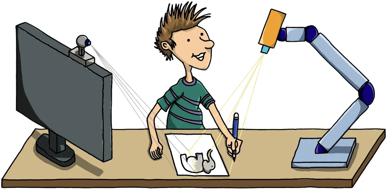 Illustration of the idea: a person draws at a desk while a robot arm projects guidance onto the paper and a camera on the monitor watches the work.