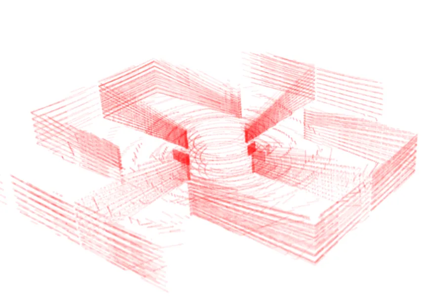The same floor plan in RViz as a dense red LiDAR point cloud, thick with overlapping points.