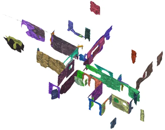 The second environment reconstructed by the nearest point baseline: ragged, holed surfaces.